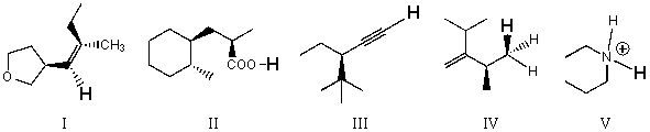 Rank the bold-faced hydrogens for the following compounds from most acidic to least acidic.   A)  I > II > III > IV > V B)  II > V > III > I > IV C)  II > III > V > I > IV D)  III > I > V > II > IV E)  V > II > III > I > IV