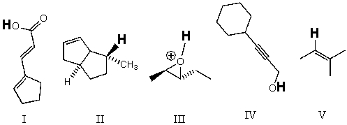 Rank the bold-faced hydrogens for the following compounds from most acidic to least acidic.   A)  III > IV > I > V > II B)  II > III > V > IV > I C)  II > V > III > IV > I D)  V > III > II > IV > I E)  III > I > IV > V > II