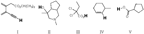 Rank the bold-faced hydrogens for the following compounds from most acidic to least acidic.   A)  V > III > II > IV > I B)  II > V > III > I > IV C)  V > III > II > I > IV D)  III > I > V > II > IV E)  III > V > II > I > IV