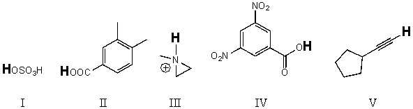 Rank the bold-faced hydrogens for the following compounds from most acidic to least acidic.   A)  IV > II > III > V > I B)  II > IV > I > V > III C)  IV > I > III > II > V D)  I > IV > II > V > III E)  I > IV > II > III > V