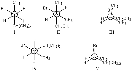 The least stable conformation of 3-bromo-2-methylpentane,viewed through the C-2-C-3 bond (i.e. ,C-2 in the front,C-3 in the back) :   A)  I B)  II C)  III D)  IV E)  V