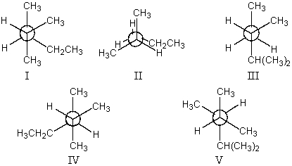 The most stable conformation of 2,3-dimethylpentane,viewed through the C-2-C-3 bond (i.e. ,C-2 in the front,C-3 in the back) :   A)  I B)  II C)  III D)  IV E)  V