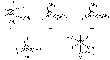 The least stable conformation of 2,3-dimethylpentane,viewed through the C-2-C-3 bond (i.e. ,C-2 in the front,C-3 in the back) :   A)  I B)  II C)  III D)  IV E)  V