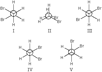 Which conformation(s) of 1,2-dibromoethane does not illustrate one or more gauche interactions?   A)  I and II only B)  II,III,and V only C)  I,III,and IV only D)  All but one above E)  All the above