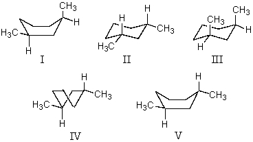 What structure represents the most stable conformation of cis-1,3-dimethylcyclohexane?   A)  I B)  II C)  III D)  IV E)  V