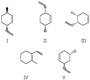 Select the structure for cis-3-methyl-6-vinylcyclohexene.   A)  I B)  II C)  III D)  IV E)  V