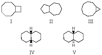 Which of these C<sub>10</sub>H<sub>18</sub> isomers is predicted to be the most stable?   A)  I B)  II C)  III D)  IV E)  V