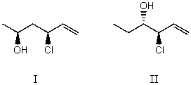 I and II are:   A)  constitutional isomers. B)  enantiomers. C)  identical. D)  diastereomers. E)  not isomeric.