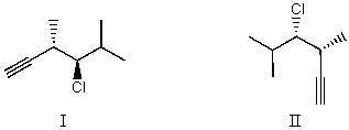 I and II are:   A)  constitutional isomers. B)  enantiomers. C)  identical. D)  diastereomers. E)  not isomeric.