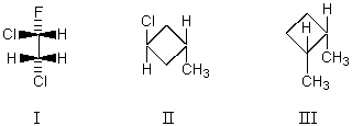 Which molecule has a plane of symmetry?   A)  I B)  II C)  III D)  More than one of these E)  None of these