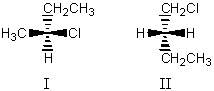 I and II are:   A)  constitutional isomers. B)  enantiomers. C)  non-superposable mirror images. D)  diastereomers. E)  not isomeric.