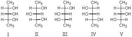 Which pair of structures represents the same compound?   A)  I and II B)  II and III C)  III and IV D)  III and V E)  IV and V