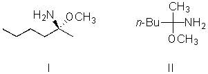 I and II are:   A)  constitutional isomers. B)  enantiomers. C)  identical. D)  diastereomers. E)  not isomeric.