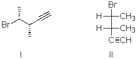 I and II are:   A)  constitutional isomers. B)  enantiomers. C)  identical. D)  diastereomers. E)  not isomeric.