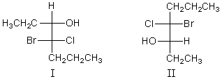 I and II are:   A)  constitutional isomers. B)  enantiomers. C)  identical. D)  diastereomers. E)  not isomeric.