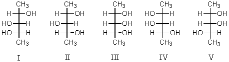 Which structure(s) represent(s) diastereomer(s) of I?   A)  II B)  II and III C)  II and IV D)  III and V E)  IV and V