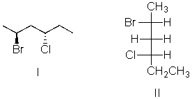 I and II are:   A)  constitutional isomers. B)  enantiomers. C)  identical. D)  diastereomers. E)  not isomeric.