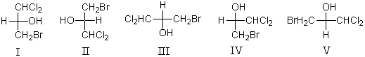 Which of these is not a correct Fischer projection formula of the (S) form of 3-bromo-1,1-dichloro-2-propanol ?   A)  I B)  II C)  III D)  IV E)  V