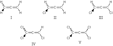 A solution of which of these allenes will rotate plane-polarized light?   A)  I B)  II C)  III D)  IV E)  V