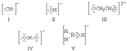Ambident nucleophiles are ones which can react with a substrate at either of two nucleophilic sites.Which of the following is not an ambident nucleophile?   A)  I B)  II C)  III D)  IV E)  V