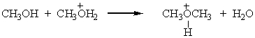 Identify the leaving group in the following reaction:   A)  CH<sub>3</sub>OH B)  CH<sub>3</sub>OH<sub>2</sub><sup>+</sup> C)  CH<sub>3</sub>OCH<sub>3</sub> D)  H<sub>2</sub>O E)  None of these