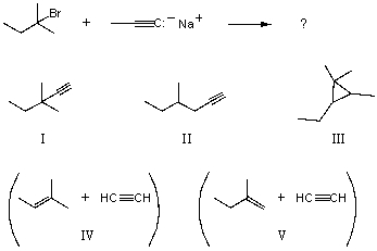 What would you expect to be the chief organic product(s) when 2-bromo-2-methylpentane react(s) with sodium propynide,i.e. ,   A)  I B)  II C)  III D)  IV E)  V