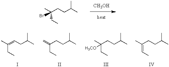 What would be the major product(s) of the following reaction?   A)  I and II B)  I,II and III C)  III D)  I,II,and IV E)  None of the above