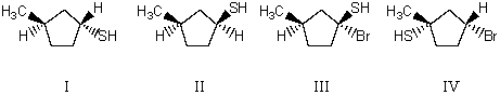 What would be the major product obtained when trans-1-bromo-3-methylcyclopentane is allowed to react with NaSH at 25<sup>o</sup>C?   A)  I B)  II C)  III D)  IV E)  Equal amounts of I and II