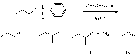 What would be the major product(s) of the following reaction?   A)  I and II B)  II and III C)  III and IV D)  I and IV E)  All of the above