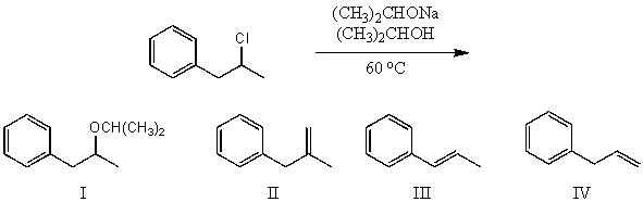 What would be the major product(s) of the following reaction?   A)  I B)  II,III,and IV C)  III>IV D)  II and IV E)  IV>III