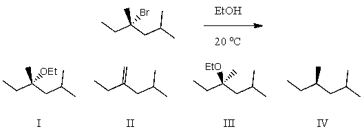 What would be the major product(s) of the following reaction?   A)  I and II B)  II and III C)  I and III D)  IV E)  None of the above