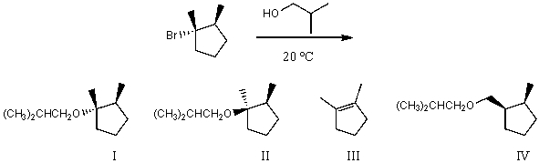 What would be the major product(s) of the following reaction?   A)  I and II B)  I,II and III C)  III D)  IV E)  None of the above
