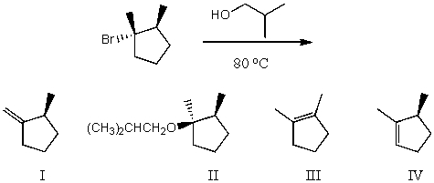 What would be the major product(s) of the following reaction?   A)  I B)  II C)  III D)  IV E)  More than one of the above