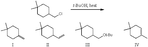 What would be the major product(s) of the following reaction?   A)  I B)  II C)  III D)  IV E)  None of the above