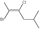 The correct IUPAC name for the following compound is:   A)  (E) -2-Bromo-3-chloro-5-methyl-2-hexene B)  (E) -2-Bromo-3-chloro-5-methyl-3-hexene C)  (Z) -2-Bromo-3-chloro-5-methyl-3-hexene D)  (Z) -2-Bromo-3-chloro-5-methyl-2-hexene E)  (E) -2-Methyl-5-bromo-4-chloro-4-hexene