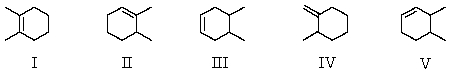 Which molecule would have the lowest heat of hydrogenation?   A)  I B)  II C)  III D)  IV E)  V