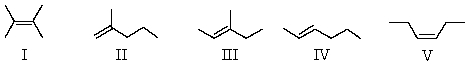 Which alkene is most stable?   A)  I B)  II C)  III D)  IV E)  V