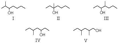 Which one of the following alcohols would dehydrate most rapidly when treated with sulfuric acid?   A)  I B)  II C)  III D)  IV E)  V