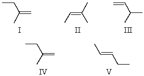 Neopentyl alcohol, (CH<sub>3</sub>) <sub>3</sub>CCH<sub>2</sub>OH,cannot be dehydrated to an alkene without rearrangement.What is the chief product of dehydration?   A)  I B)  II C)  III D)  IV E)  V
