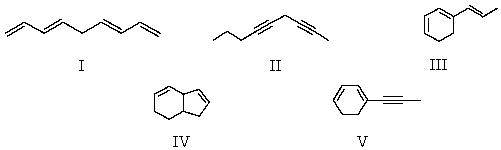 On hydrogenation,a compound C<sub>9</sub>H<sub>12</sub> absorbs 2 mol of hydrogen.Which of the following is a possible structure for the compound?   A)  I B)  II C)  III D)  IV E)  V