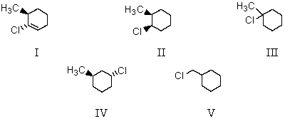 Treating 1-methylcyclohexene with HCl would yield primarily which of these?   A)  I B)  II C)  III D)  IV E)  V