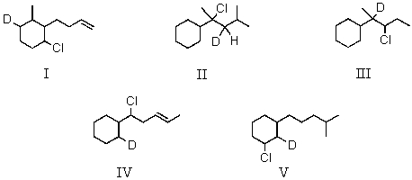 What product would you expect from addition of deuterium chloride to 2-cyclohexyl-4-methyl-2-pentene?   A)  I B)  II C)  III D)  IV E)  V