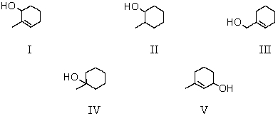 Treating 1-methylcyclohexene with H<sub>3</sub>O<sup>+</sup> would yield primarily which of these?   A)  I and V B)  II C)  III and V D)  IV E)  I,III and V