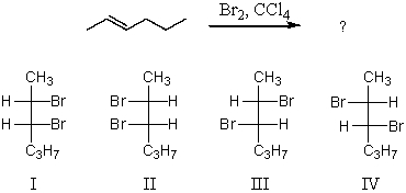 What would be the major product of the following reaction?   A)  Equal amounts of I and II B)  Equal amounts of II and III C)  Equal amounts of III and IV D)  I and II as major products,III and IV as minor products E)  All of the above in equal amounts