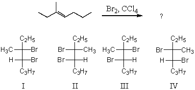 What would be the major product of the following reaction?   A)  Equal amounts of I and II B)  Equal amounts of II and III C)  Equal amounts of III and IV D)  I and II as major products,III and IV as minor products E)  All of the above in equal amounts