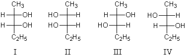 Hydroxylation of cis-2-pentene with cold alkaline KMnO<sub>4</sub> yields   A)  Equal amounts of I and II B)  Equal amounts of II and III C)  Equal amounts of III and IV D)  I and II as major products,III and IV as minor products E)  All of the above in equal amounts