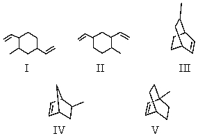 Determine a possible structure for an alkene,X,formula C<sub>9</sub>H<sub>14</sub>,on the basis of the following information: X adds one mole of hydrogen on catalytic hydrogenation.On treatment with hot basic KMnO<sub>4</sub> followed by acidification,X yields the following dicarboxylic acid.   A possible structure for X might be:   A)  I B)  II C)  III D)  IV E)  V