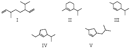 An alkene with the molecular formula C<sub>10</sub>H<sub>18</sub> <sub> </sub>is treated with ozone and then with zinc and acetic acid.The only product isolated from these reactions is:   What is the structure of the alkene?   A)  I B)  II C)  III D)  IV E)  V