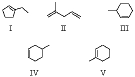 Compound C has the molecular formula C<sub>7</sub>H<sub>12.</sub>On catalytic hydrogenation,1 mol of C absorbs 1 mol of hydrogen and yields a compound with the molecular formula C<sub>7</sub>H<sub>14</sub>.On ozonolysis and subsequent treatment with zinc and acetic acid,C yields only:   The structure of C is:   A)  I B)  II C)  III D)  IV E)  V