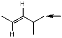 Which one of the following best represents the predicted approximate chemical shift and coupling for the hydrogen(s) indicated with the arrow?   A)  5.40 ppm,doublet B)  1.00 ppm,multiplet C)  2.00 ppm,doublet D)  1.00 ppm,doublet E)  5.40 ppm,multiplet
